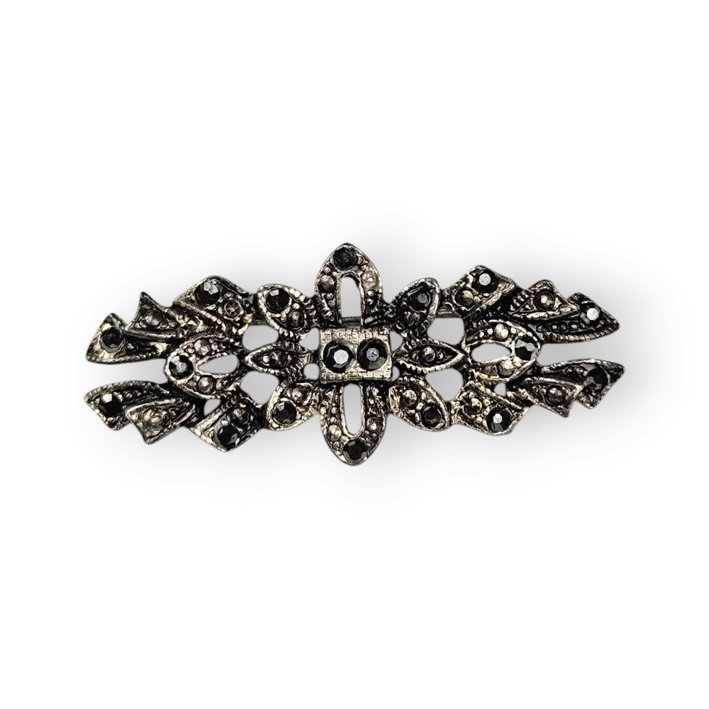 Vintage Black Rhinestone Bar Brooch Art Deco Style Antiqued Silver Tone 1.75"